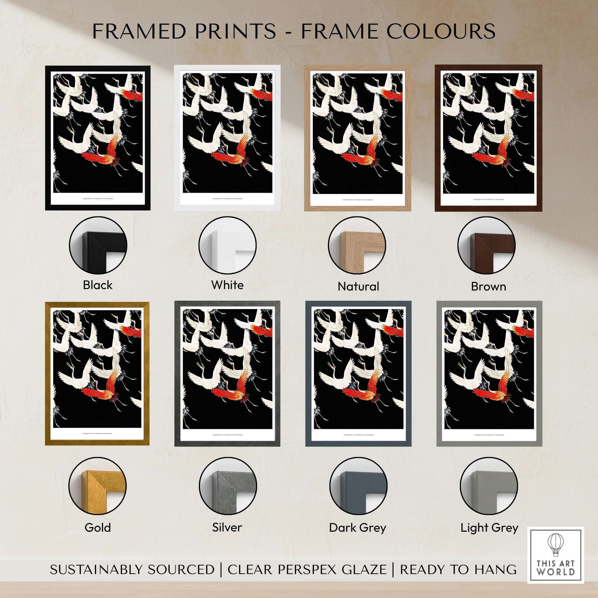 Framed Prints Frame Colours options for Exhibition Art Print Myriad of Flying Cranes Japanese Bird Pattern Poster Wall Art.