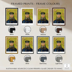Framed Exhibition Art Print Vincent van Gogh The Postman Famous Portrait Wall Art Poster with various frame colors.
