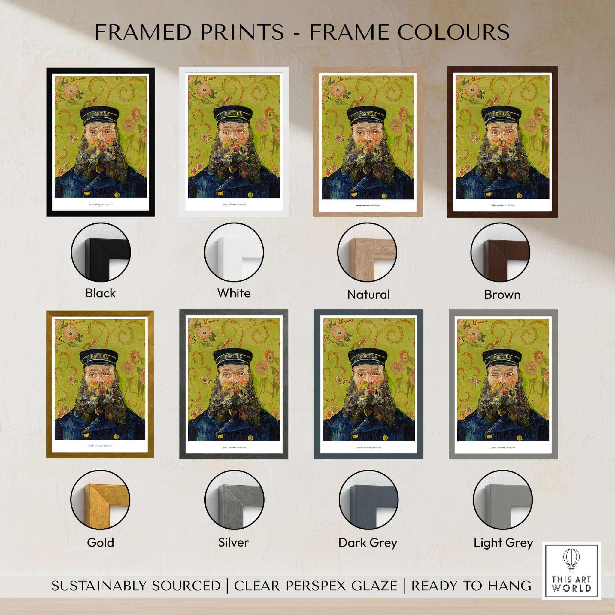 Framed Exhibition Art Print Vincent van Gogh The Postman Famous Portrait Wall Art Poster with various frame colors.