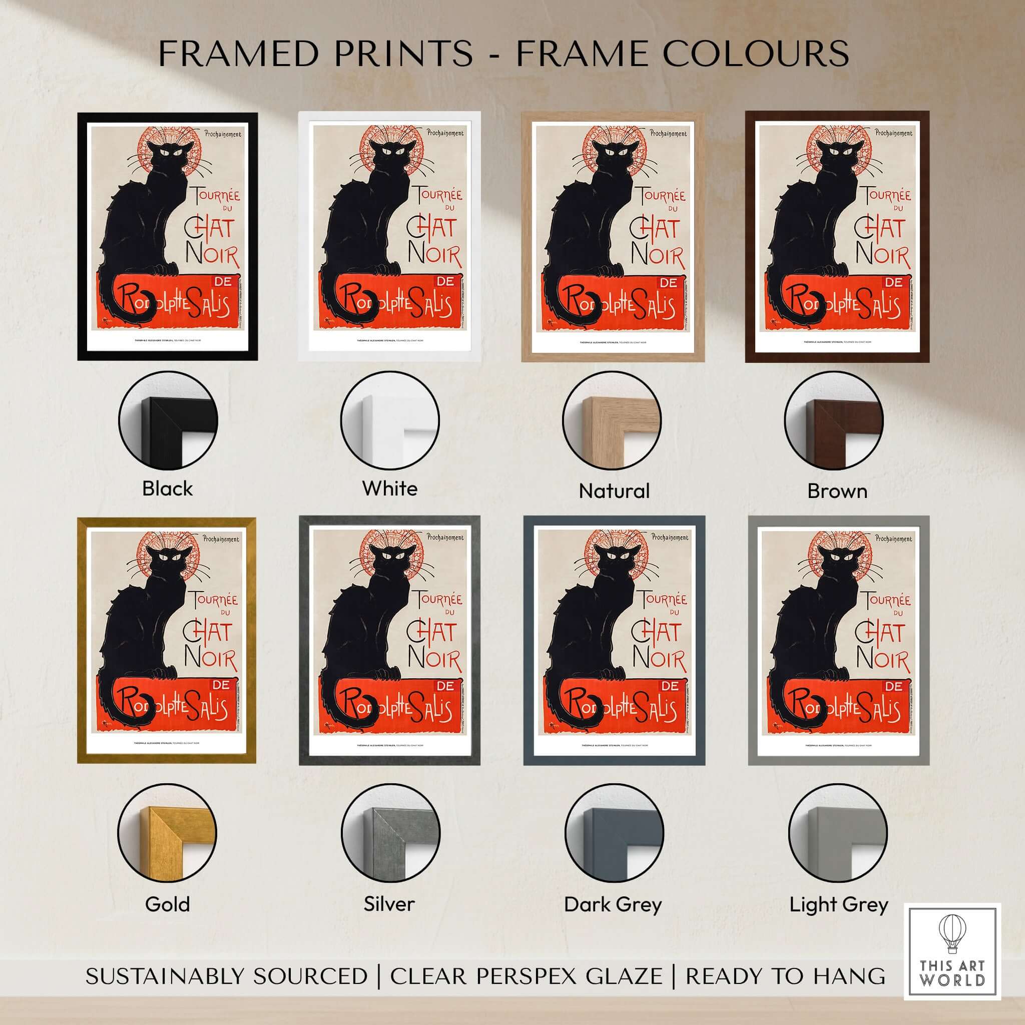 Framed Exhibition Art Print Steinlen Tournée du Chat Noir Vintage French Black Cat Poster color options display.