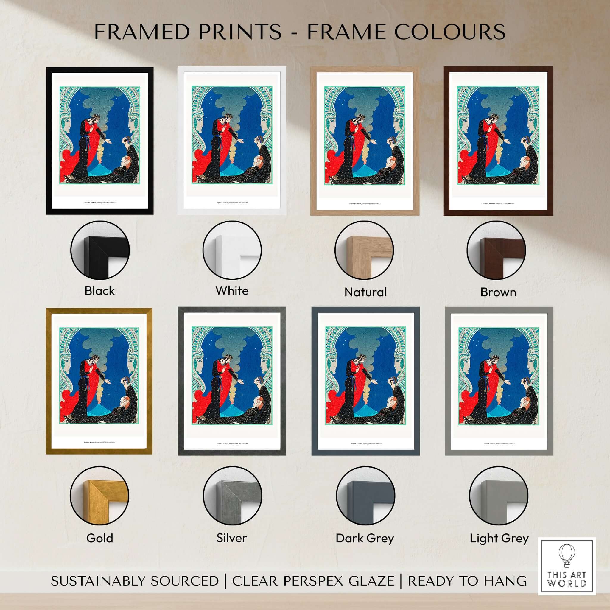 Framed Prints showing frame colour options: Black, White, Natural, Brown, Gold, Silver, Dark Grey, Light Grey.