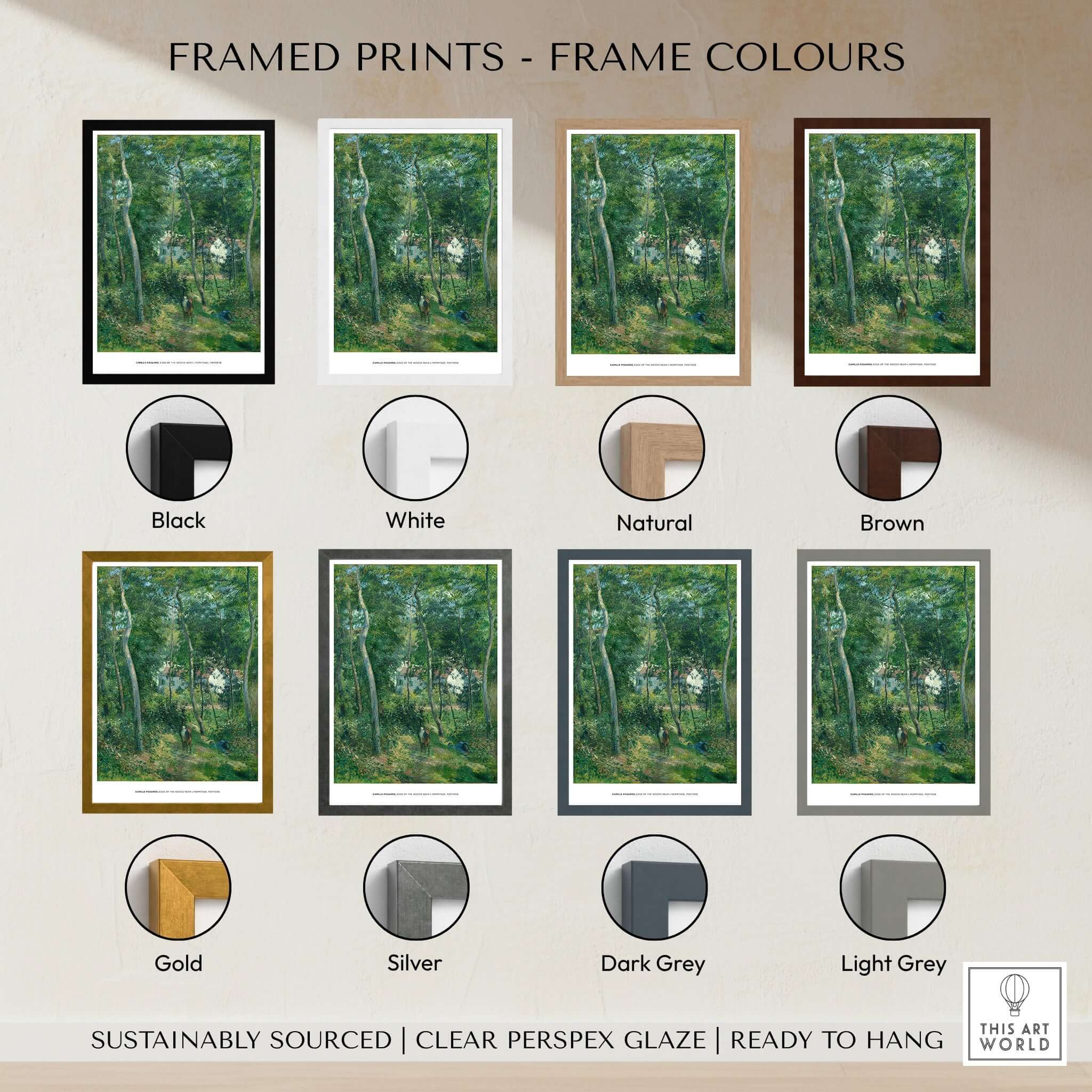 Framed prints color options featuring an Impressionist art print by Camille Pissarro in various frame styles.