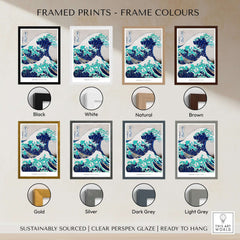 Exhibition Art Print Hokusai The Great Wave off Kanagawa Japanese Ukiyo-e Poster framed in various colors including black, white, and natural.