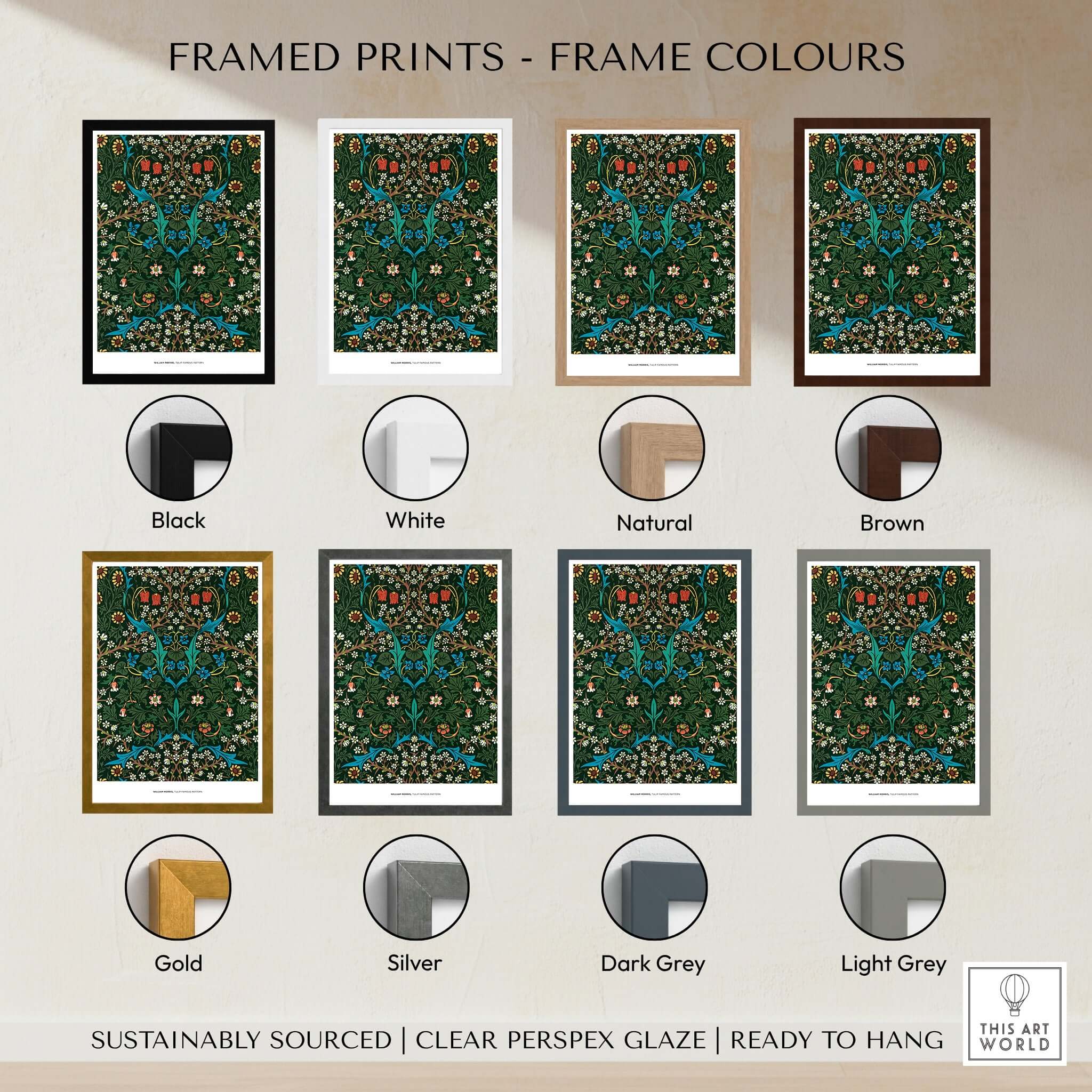 Framed Prints - Frame Colours options for Exhibition Art Print William Morris Tulip Famous Pattern Arts Crafts Floral Poster Wall Art