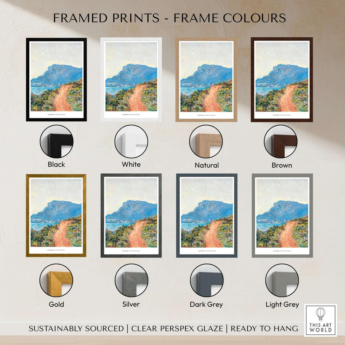 Exhibition Art Print Claude Monet The Corniche near Monaco Impressionist Landscape Poster framed in various colors