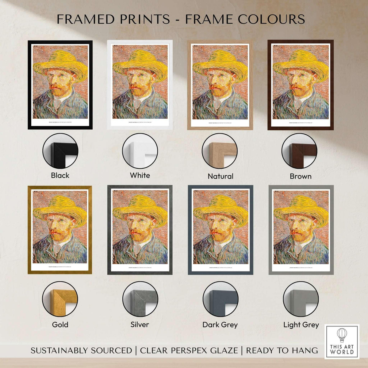 Vincent van Gogh Self Portrait Straw Hat Post-Impressionist Art Print Poster framed in various colors.