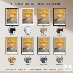 Vincent van Gogh Self Portrait Straw Hat Post-Impressionist Art Print Poster framed in various colors.