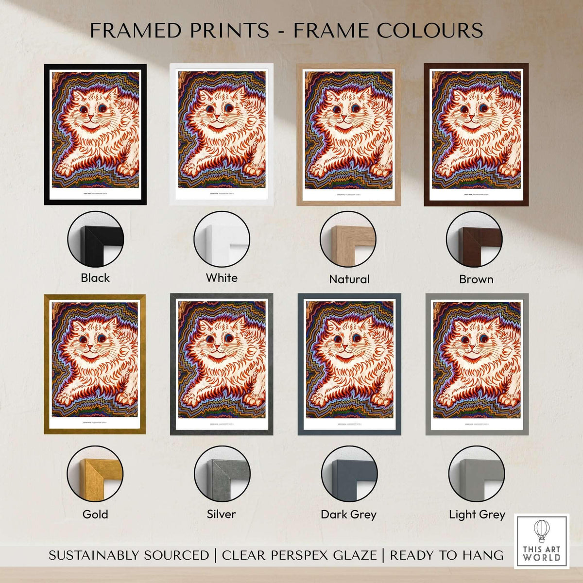 Framed prints frame colors options for Kaleidoscope Cat Psychedelic Feline Poster Wall Art Louis Wain Exhibition Art Print.