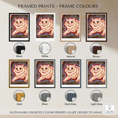 Framed prints frame colors options for Kaleidoscope Cat Psychedelic Feline Poster Wall Art Louis Wain Exhibition Art Print.