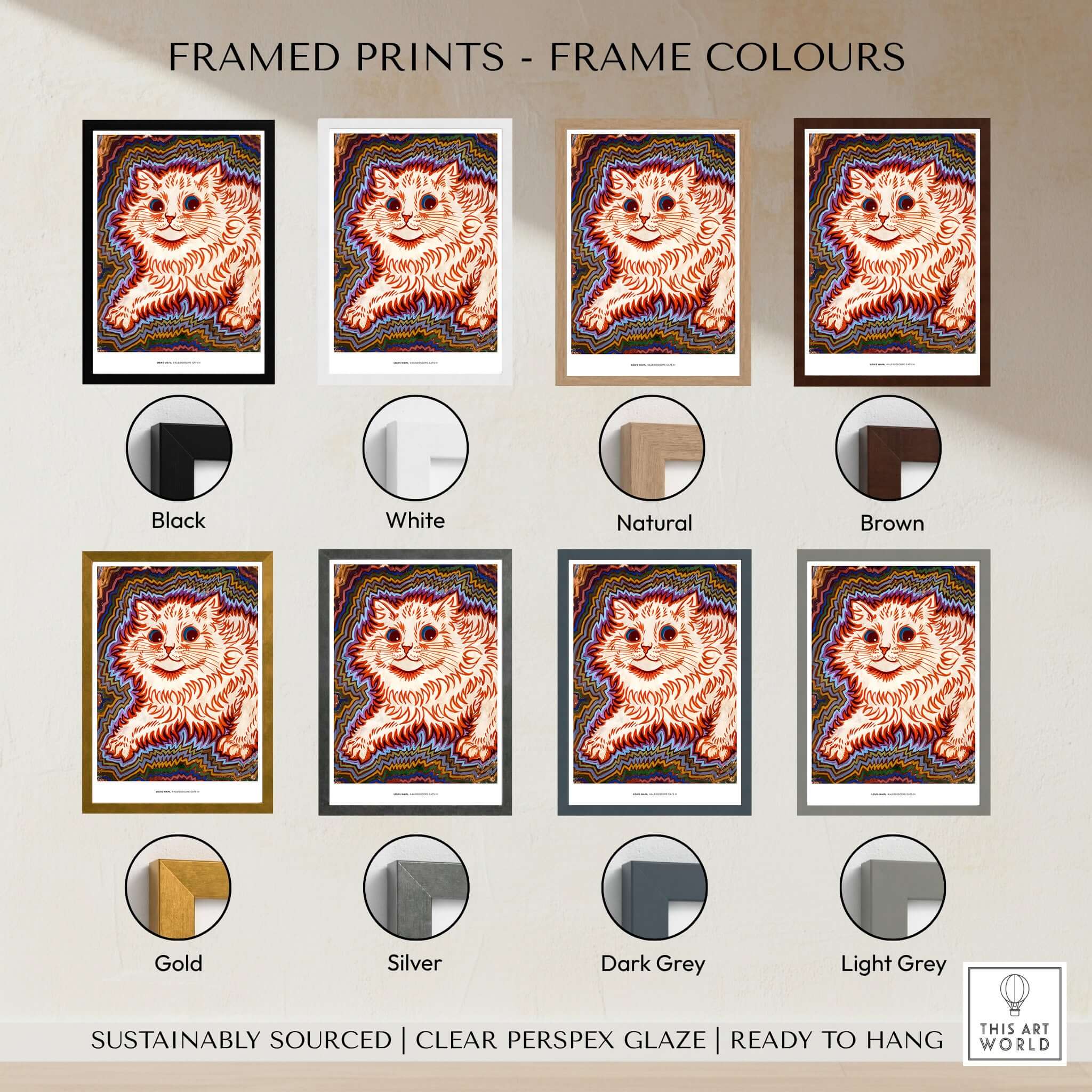 Framed prints frame colors options for Kaleidoscope Cat Psychedelic Feline Poster Wall Art Louis Wain Exhibition Art Print.
