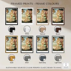 Framed prints of The Birth of Venus Art Print Sandro Botticelli Mythology Poster in various frame colors including black, white, and brown.