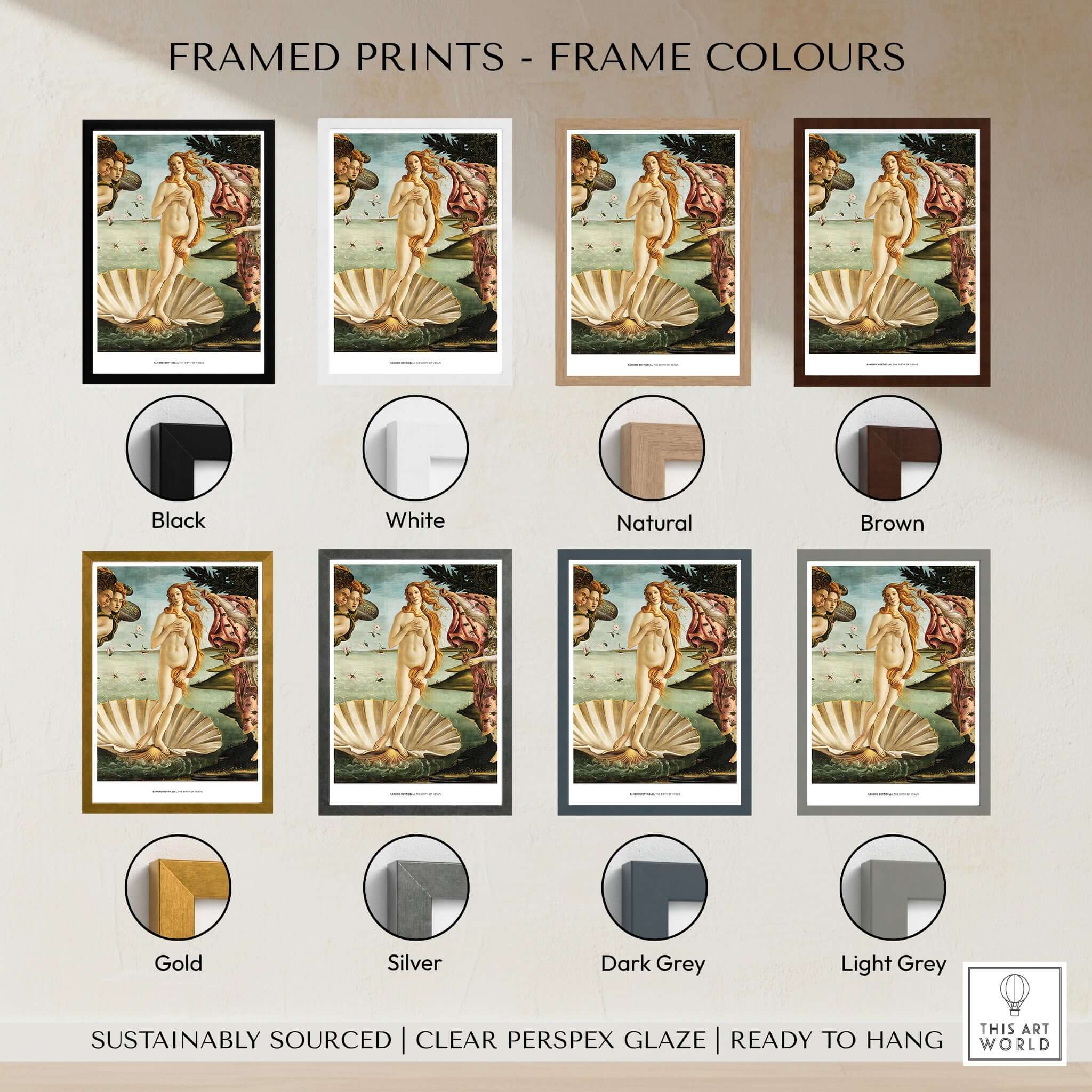 Framed prints of The Birth of Venus Art Print Sandro Botticelli Mythology Poster in various frame colors including black, white, and brown.