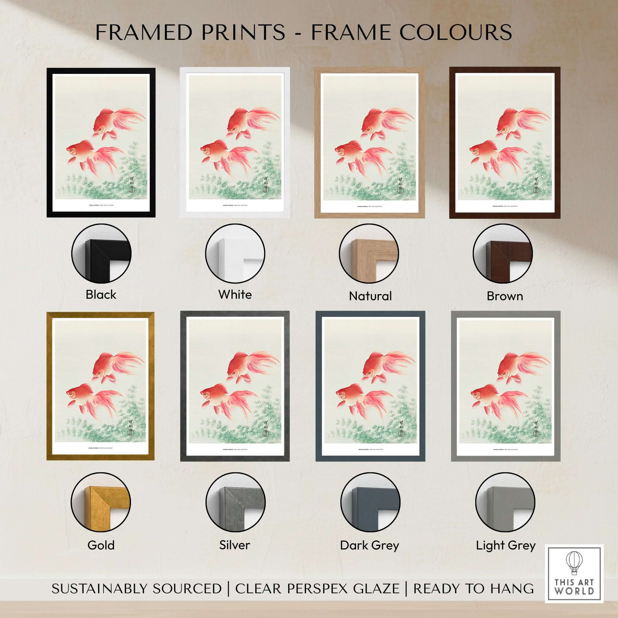 Framed prints showcasing frame colors for Exhibition Art Print Ohara Koson Two Veil Goldfish Japanese Fish Poster.