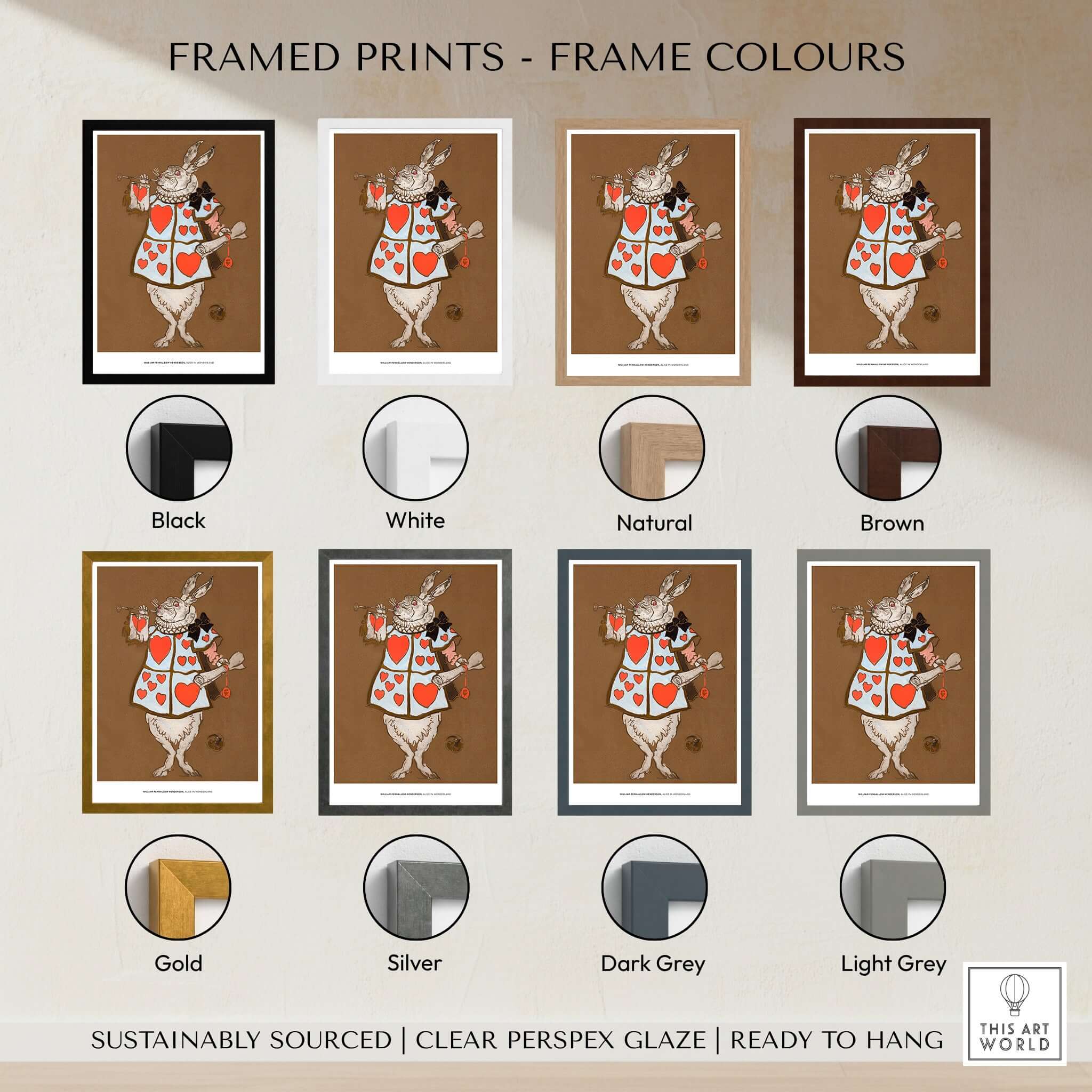 Exhibition Art Print William Henderson White Rabbit Alice in Wonderland Vintage Poster with frame color options.