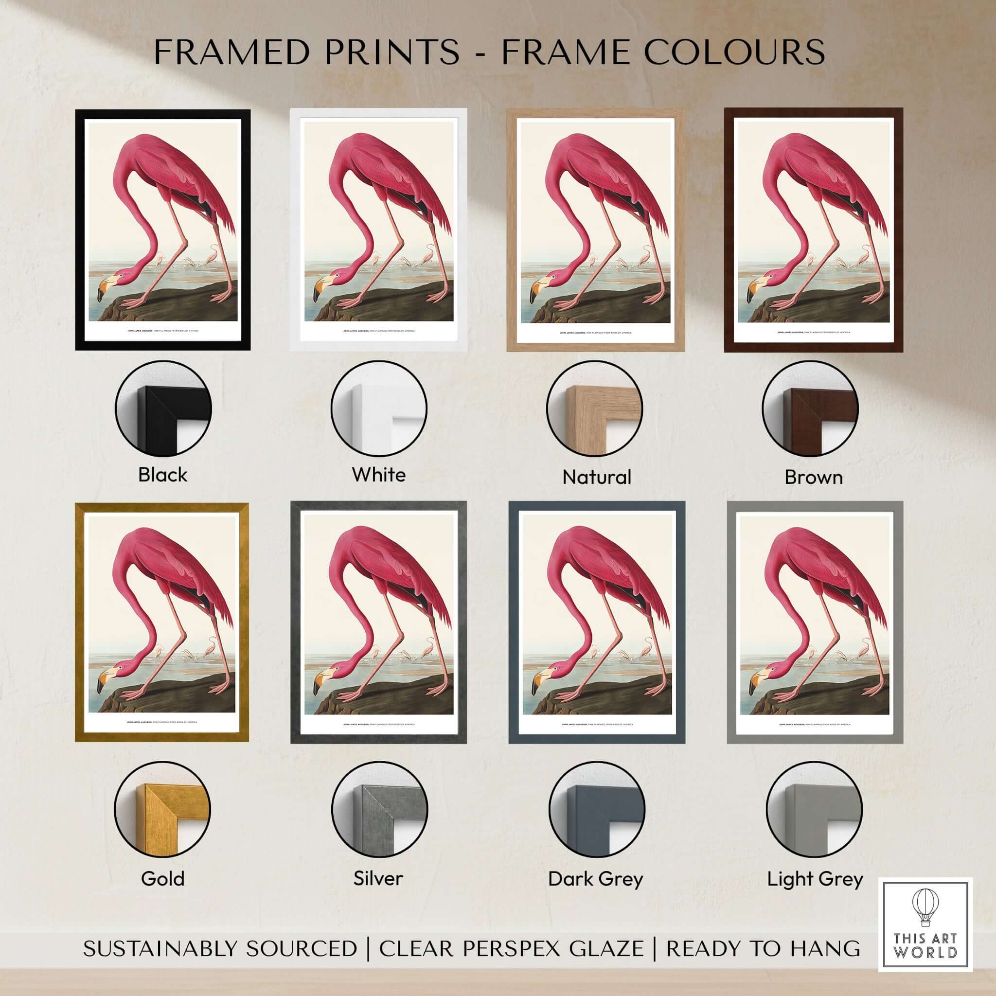 Exhibition Art Print Pink Flamingo Birds of America Vintage Bird Poster - John James Audubon framed color options.