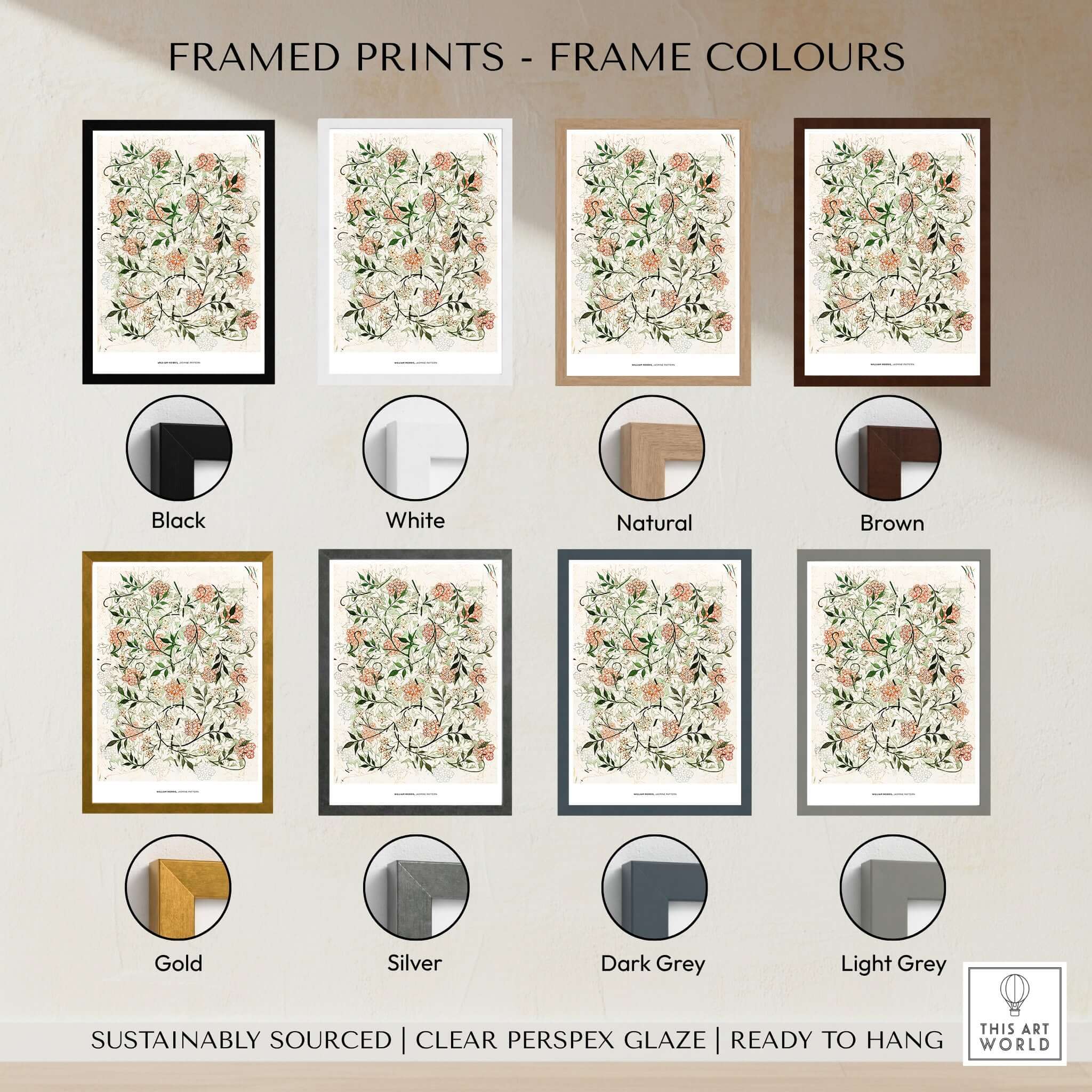 Exhibition Art Print William Morris Jasmine Pattern Floral Botanical Wall Art displayed in various frame colors.