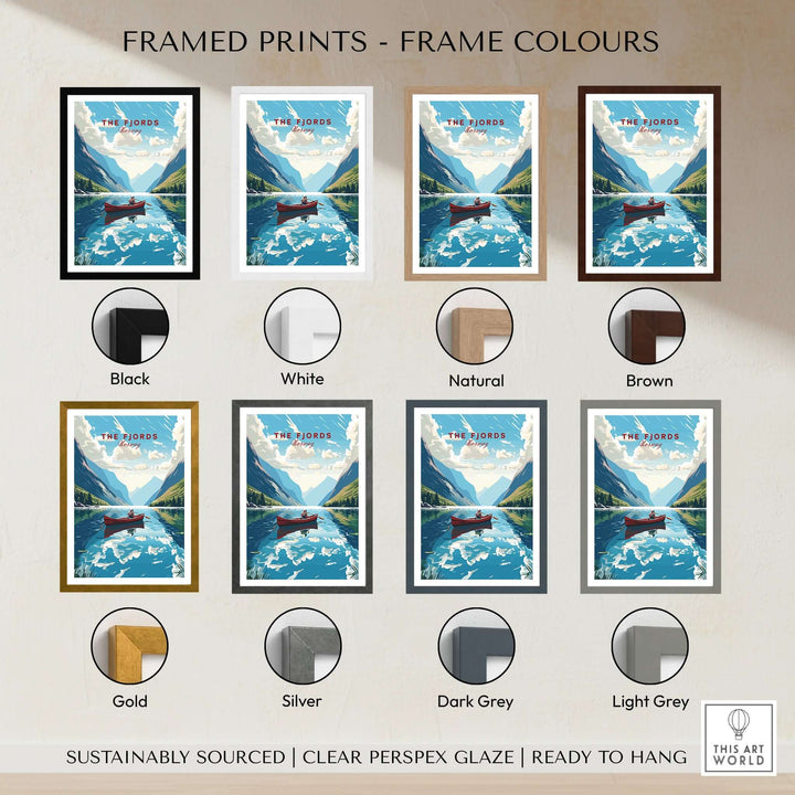 Framed prints of Fjords Wall Art Norway in various frame colors including black, white, natural, brown, gold, silver, dark grey, and light grey.