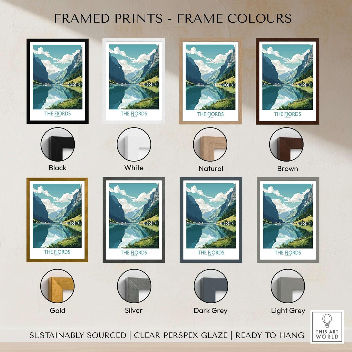 Fjords Wall Art | Modern Style in various frame colors including black, white, natural, brown, gold, silver, dark grey, light grey.