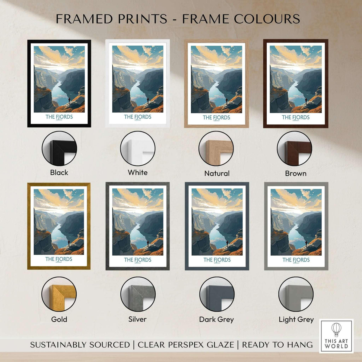 Fjords Wall Art | Modern Style framed print color options including black, white, gold, and natural finishes.