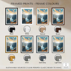 Fjord Wall Art Print - Norway various frame colors including black, white, natural, brown, gold, silver, dark grey, light grey.
