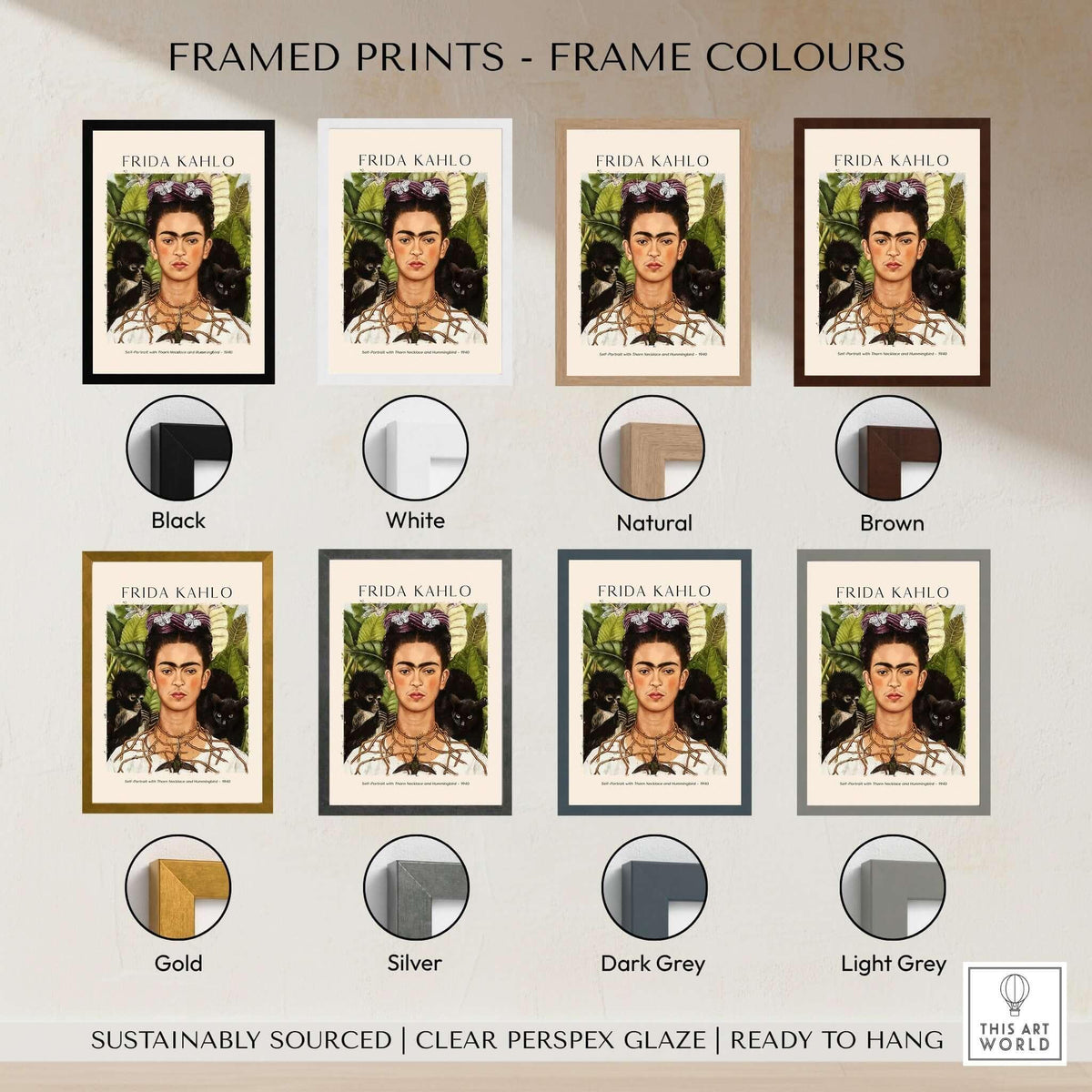 Frida Kahlo Self Portrait with Thorn Necklace and Hummingbird Print framed in various colors including black, white, and natural.