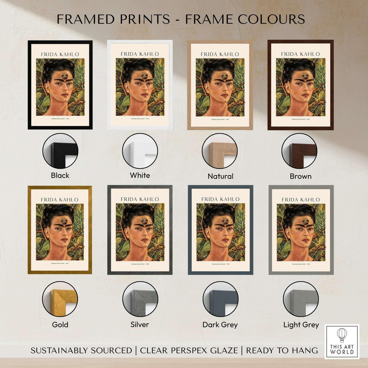 Frida Kahlo Thinking About Death Self Portrait Wall Art Print Poster shown in various frame colors including black, white, natural, and brown.