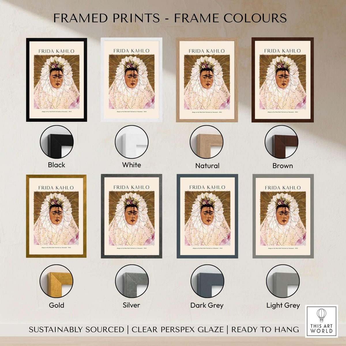 Frida Kahlo Diego on My Mind Tehuana Self Portrait Poster Art Print in various frame colors including black, white, natural, brown, gold, silver, dark grey, light grey.