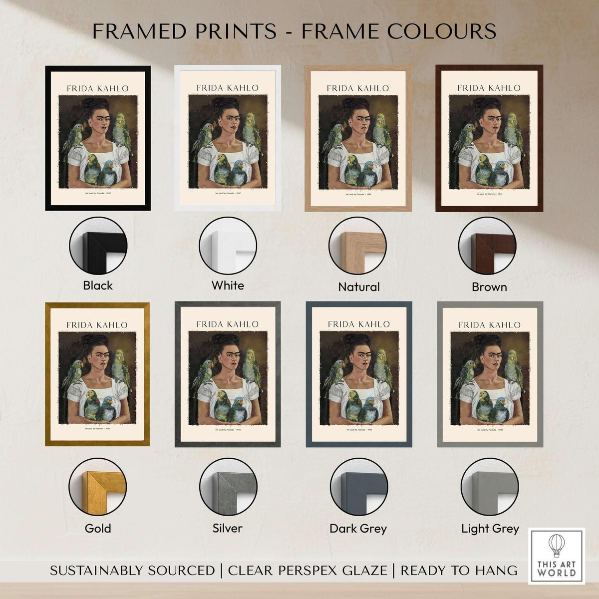 Frida Kahlo Me and My Parrots Self Portrait Art Print Poster Wall Art framed print options in various colors