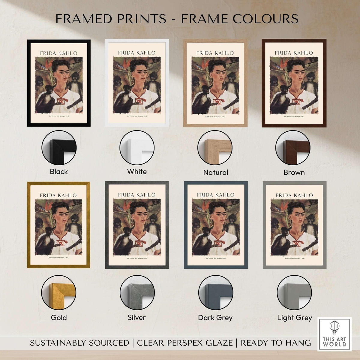Frida Kahlo Self Portrait with Monkeys Famous Painting Poster Art Print framed in various colors including gold, black, and white.
