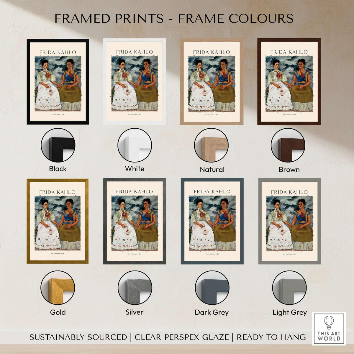Frida Kahlo The Two Fridas Famous Art Print Poster Wall Art framed in various colors including Black, White, Gold, and more.