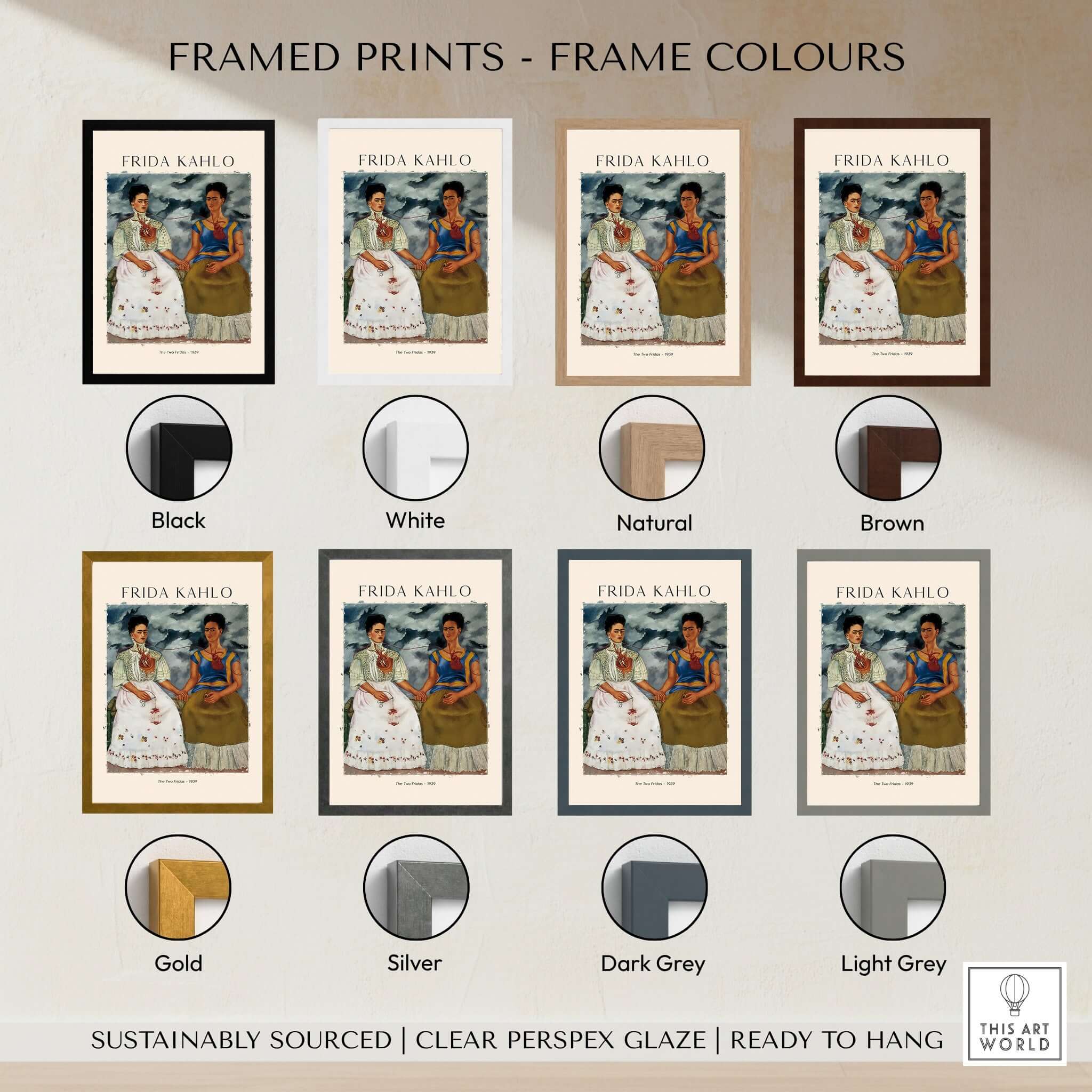 Frida Kahlo The Two Fridas Famous Art Print Poster Wall Art framed in various colors including Black, White, Gold, and more.