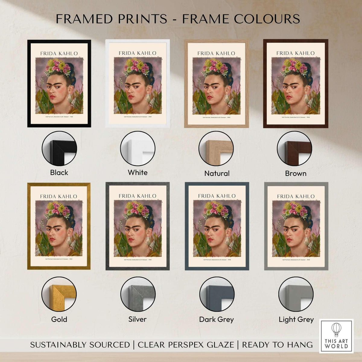 Frida Kahlo Self Portrait Dedicated Dr Eloesser Floral Poster Art Print framed in various colors including black, white, and gold.