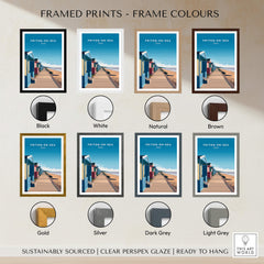 Frinton-on-Sea Travel Poster – Essex Coastline Beach Huts & Prom Art displayed in various frame colors including black, white, and natural.