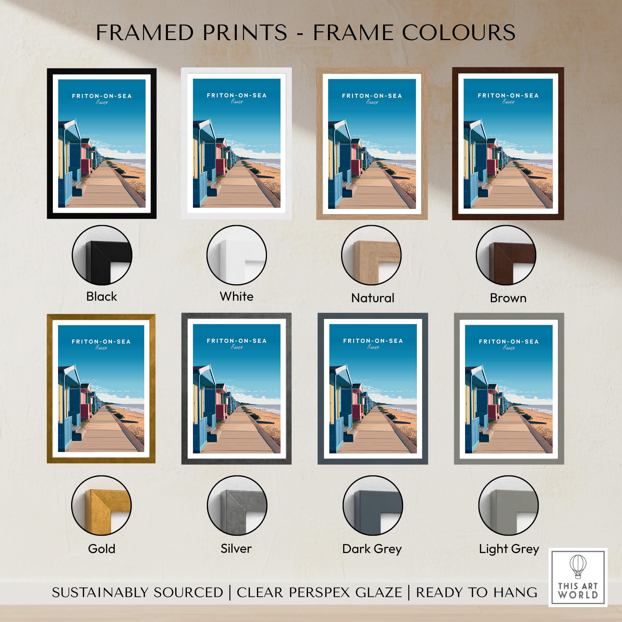 Frinton-on-Sea Travel Poster – Essex Coastline Beach Huts & Prom Art displayed in various frame colors including black, white, and natural.