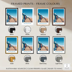 Frinton-on-Sea England Wall Art – Colorful Seaside Beach Hut Decor Print framed print color options displayed.