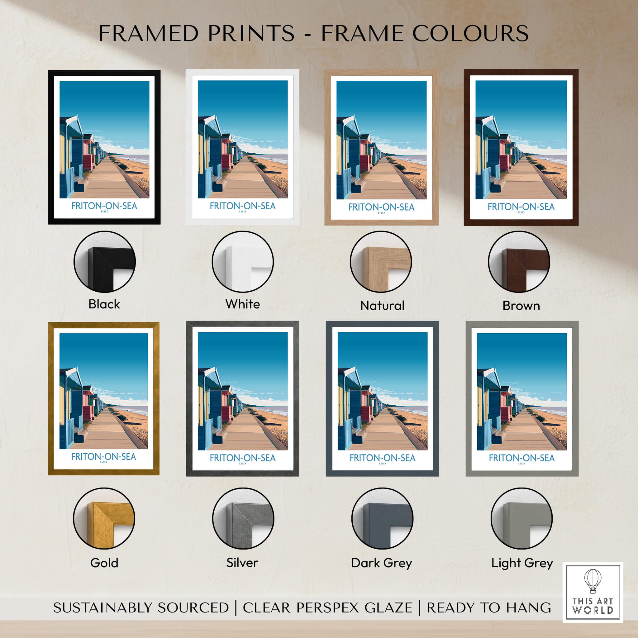 Frinton-on-Sea England Wall Art – Colorful Seaside Beach Hut Decor Print framed print color options displayed.