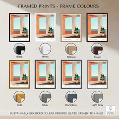 Galerie Bohème Ocean View Window Moroccan Style Art Print Boho Decor Poster framed print color options display.