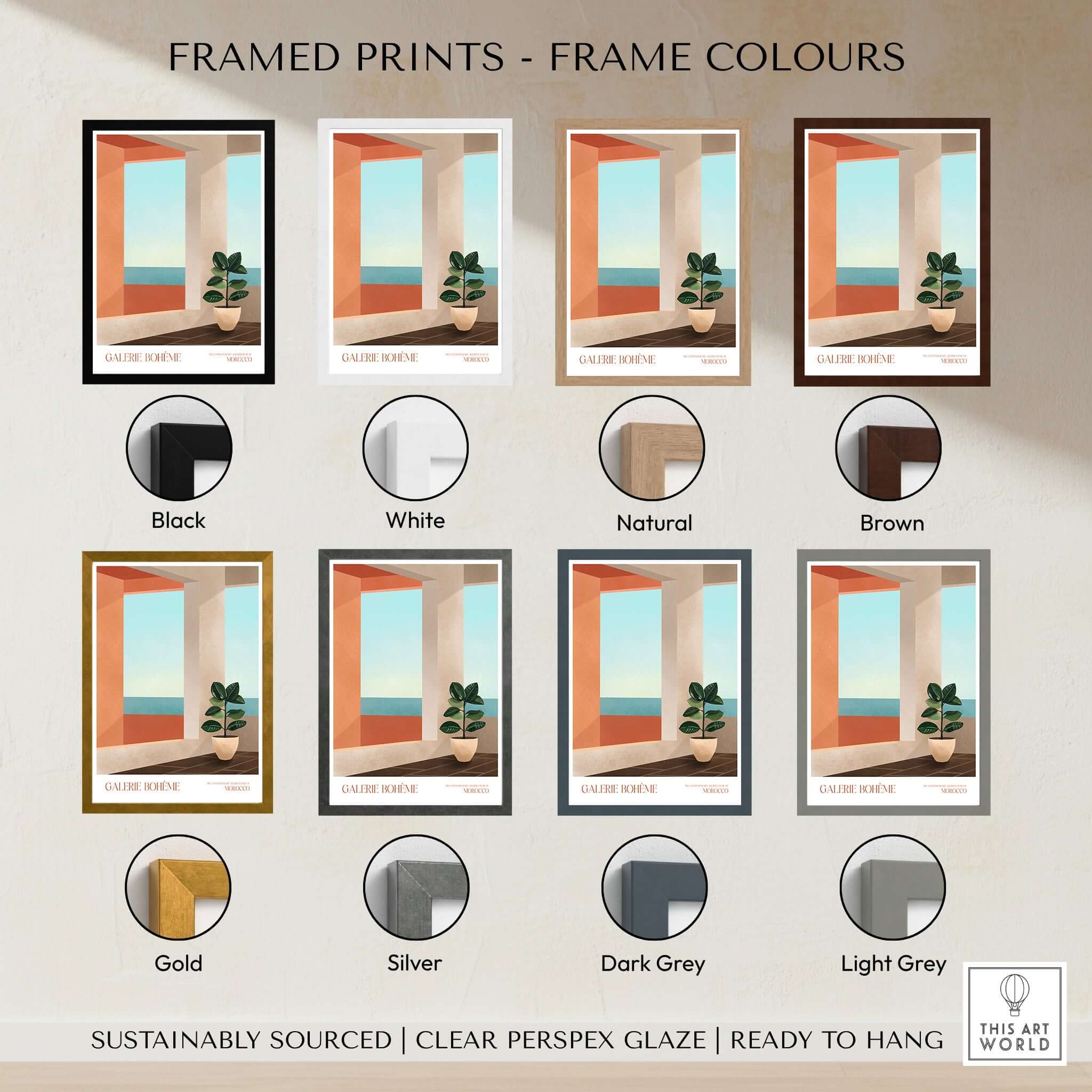 Galerie Bohème Ocean View Window Moroccan Style Art Print Boho Decor Poster framed print color options display.