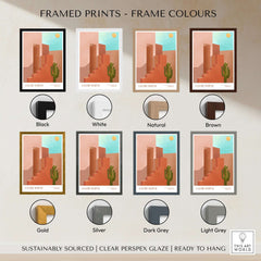 Galerie Bohème Abstract Moroccan Stairs Cactus Poster Desert Wall Art Print framed in different colors.