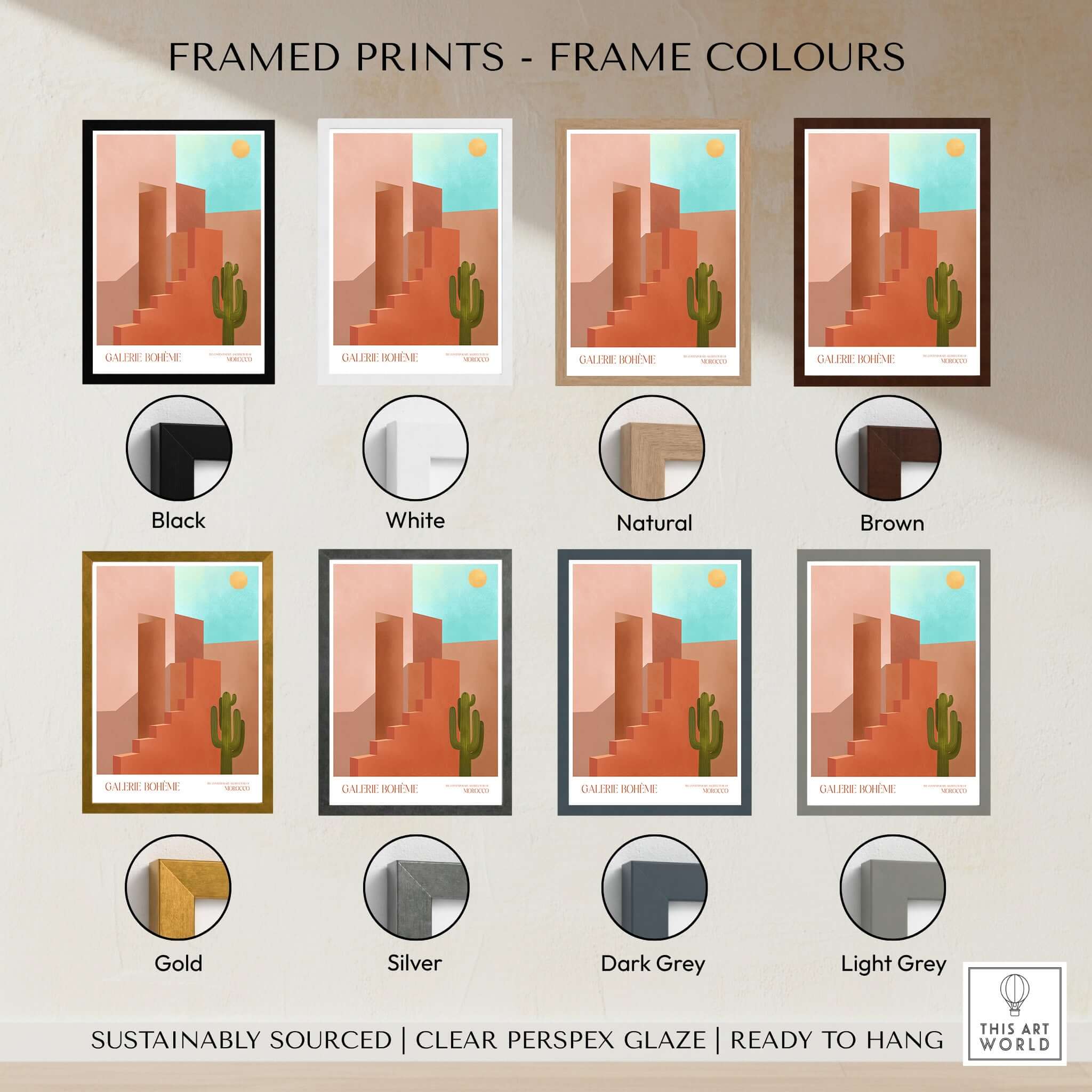 Galerie Bohème Abstract Moroccan Stairs Cactus Poster Desert Wall Art Print framed in different colors.