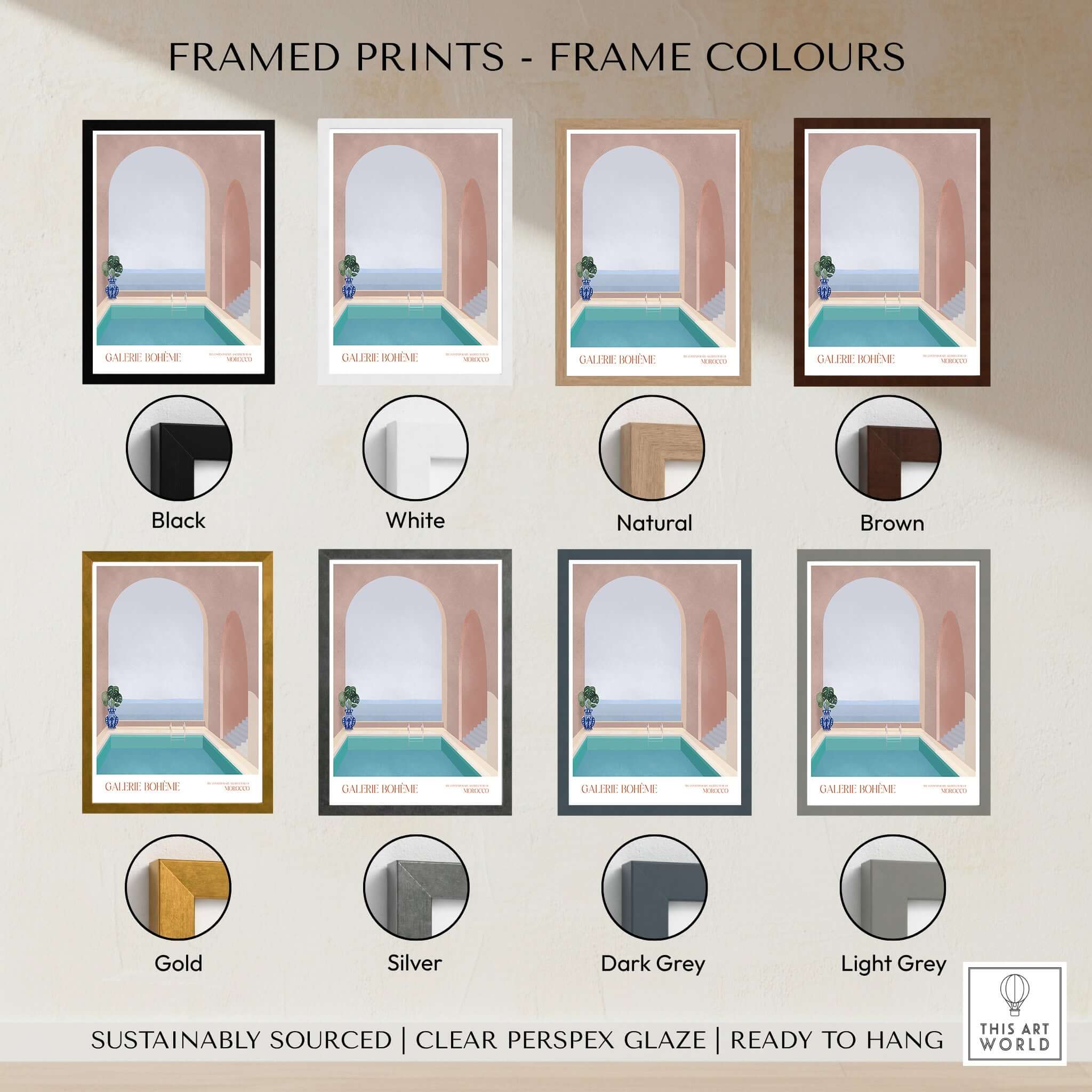 Galerie Bohème Moroccan Pool Ocean Archway Art Print Mediterranean Poster framed prints options in various colors