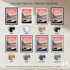 Gates of the Arctic National Park print with wolf and mountains, framed in eight color options.
