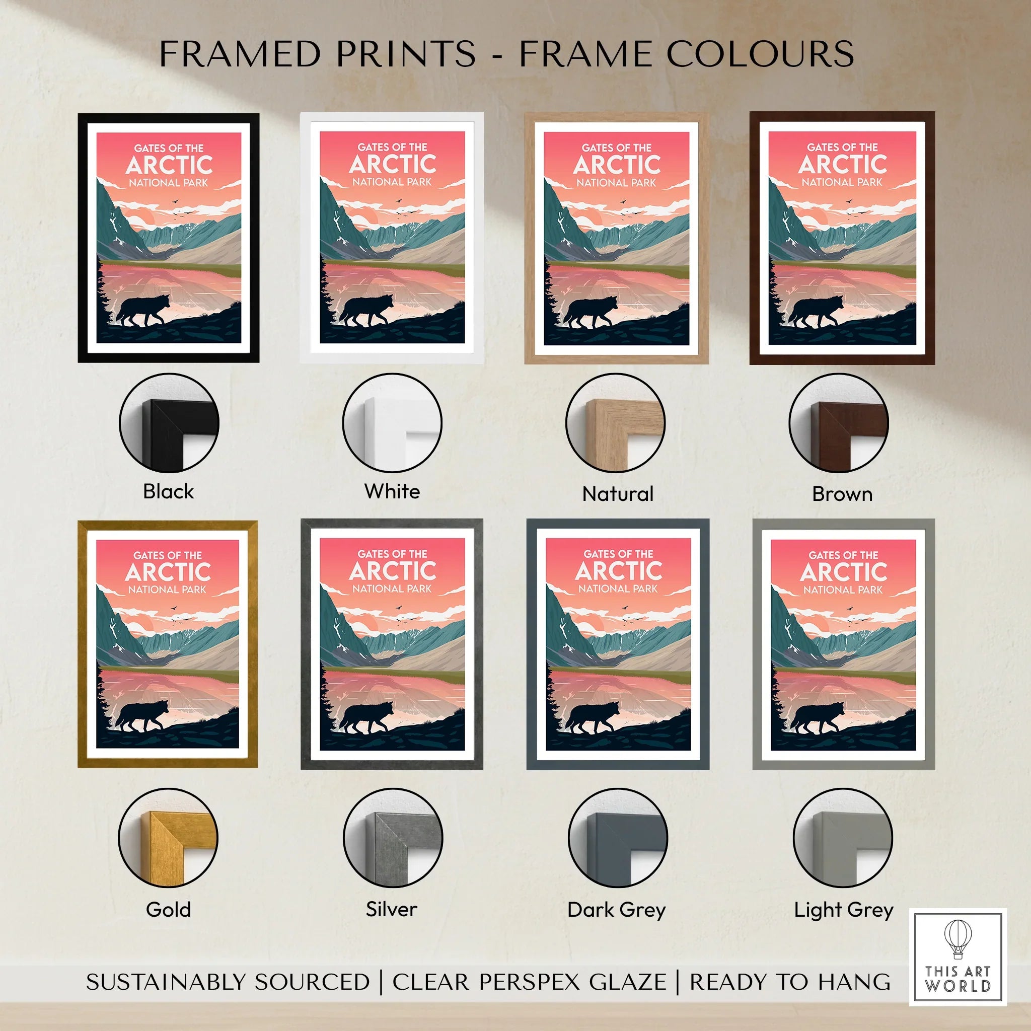 Gates of the Arctic National Park print with wolf and mountains, framed in eight color options.