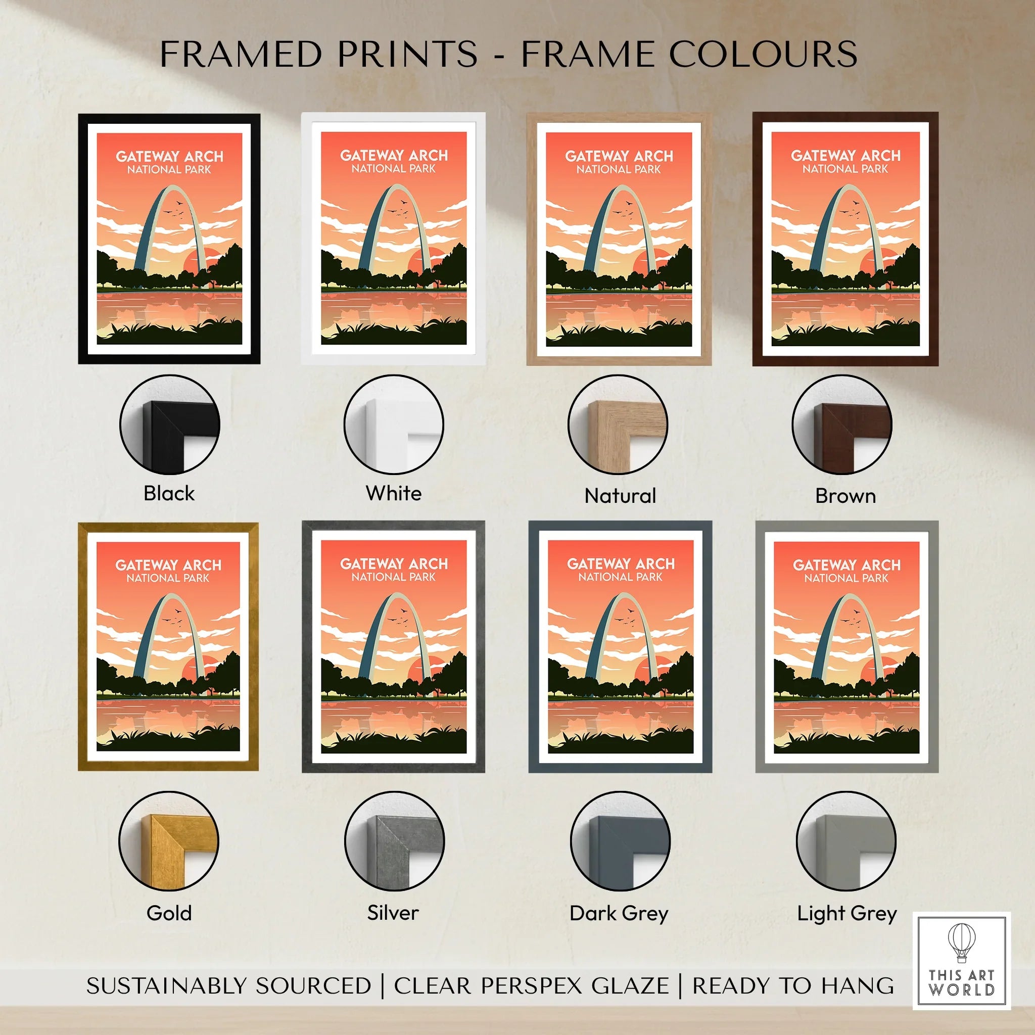 Gateway Arch National Park framed print wall art, eight frame color options shown