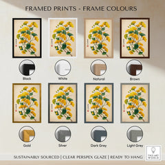 Gingko leaf art print shown in eight frame color options, including black, white, brown, natural, gold, silver, dark grey, and light grey.