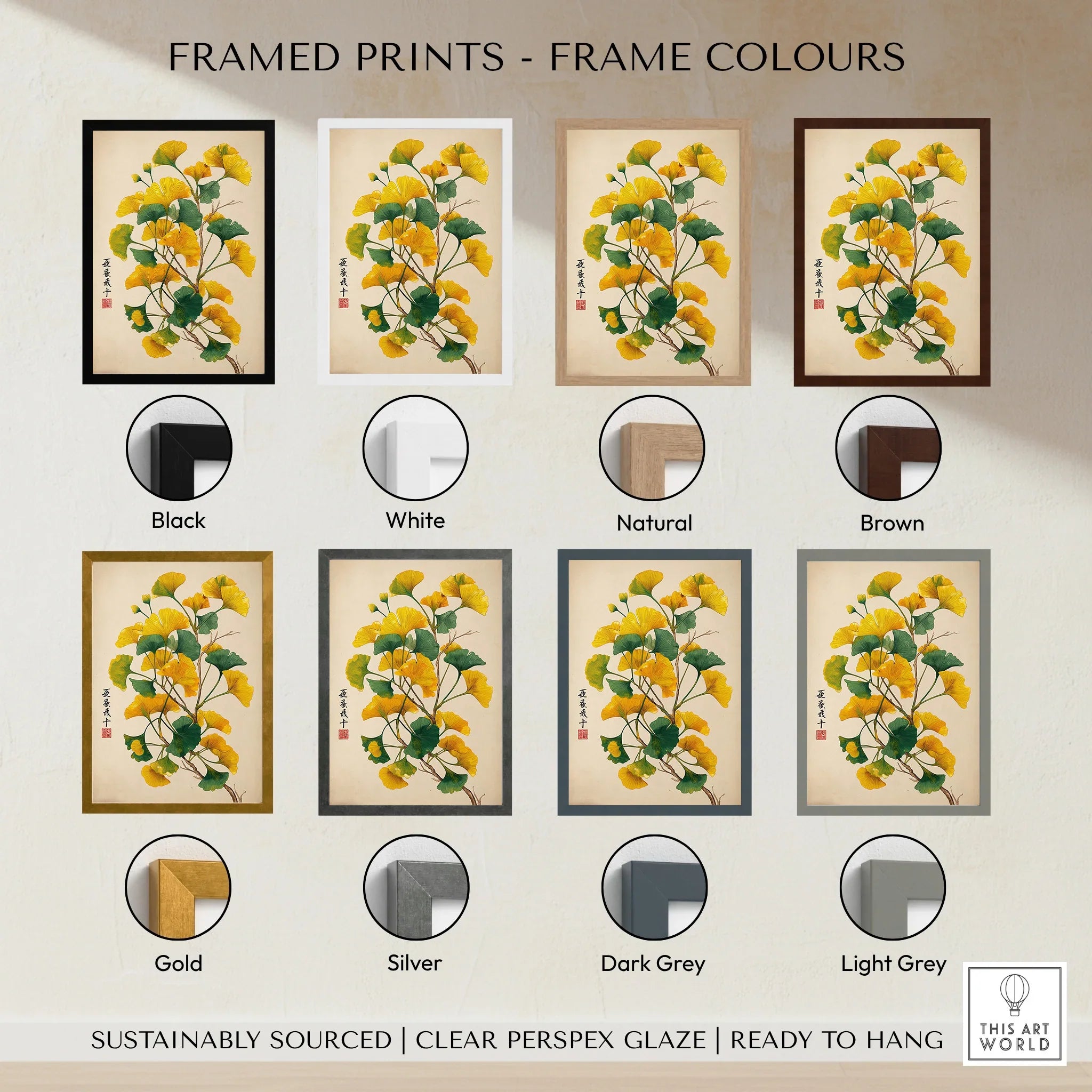 Gingko leaf art print shown in eight frame color options, including black, white, brown, natural, gold, silver, dark grey, and light grey.