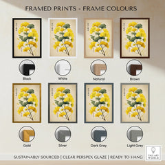 Framed wall art print of yellow ginkgo leaves shown in eight frame color options.