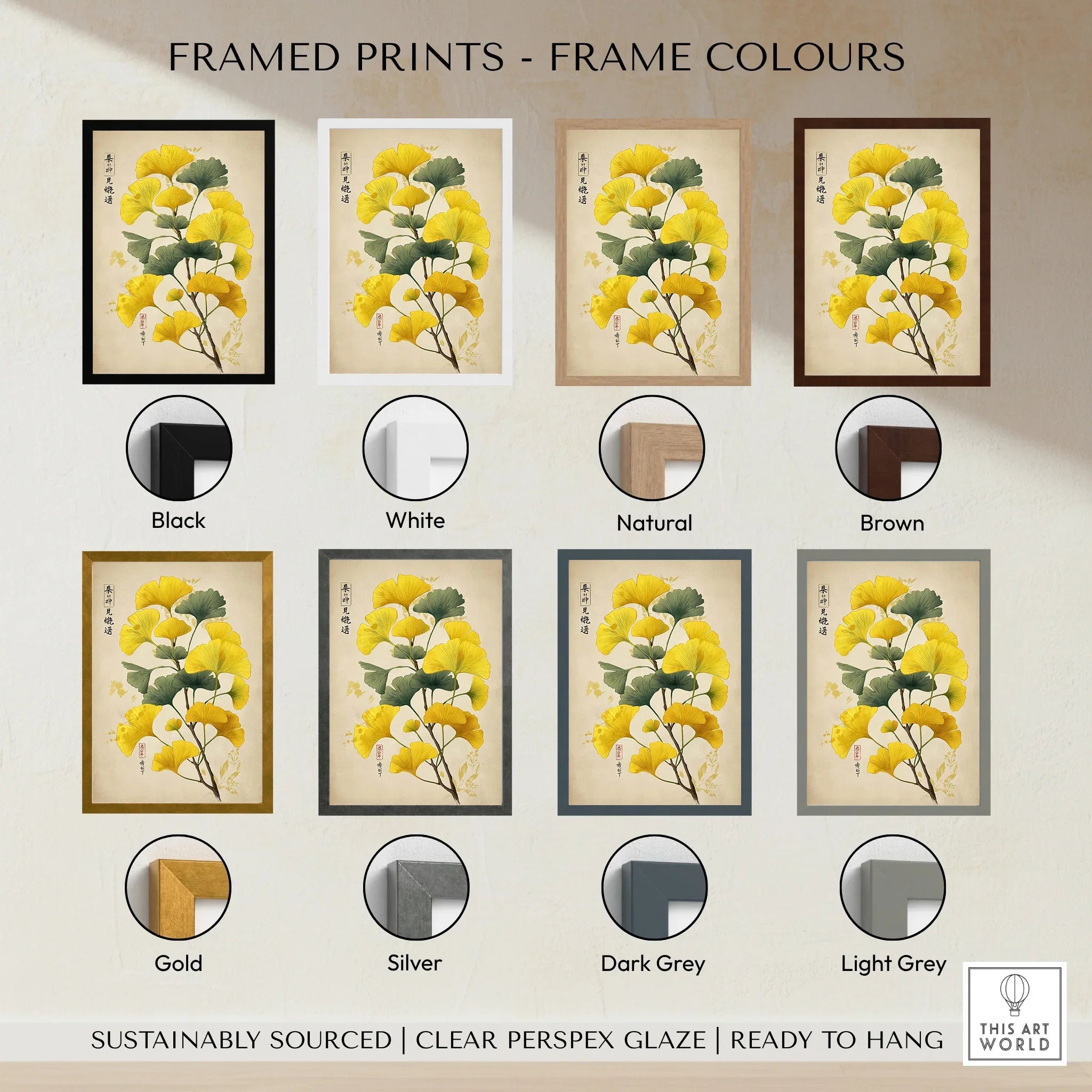 Framed wall art print of yellow ginkgo leaves shown in eight frame color options.