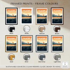 Glacier National Park print with multiple frame color options including black, white, brown, gold, and grey.