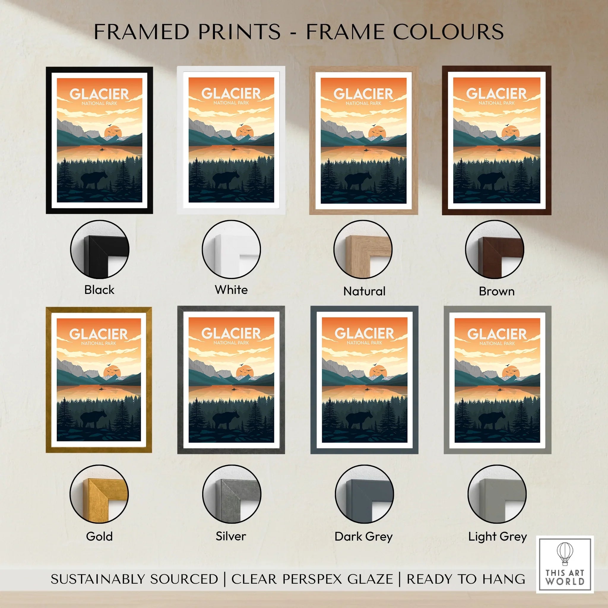 Glacier National Park print with multiple frame color options including black, white, brown, gold, and grey.